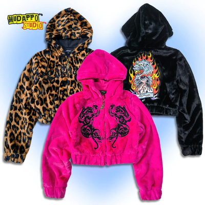 美式复古Y2K豹纹仿皮草连帽外套