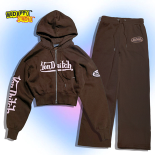 子套装 量少美国单美式 外套休闲裤 收腰运动加绒连帽衫 复古辣妹短款