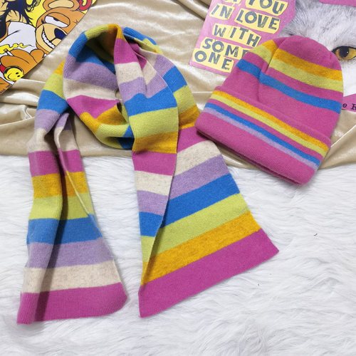出口单y2k羊毛彩虹帽子围巾套装
