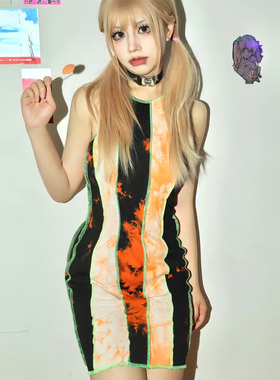 仅一批 牛货 美式复古辣妹性感修身扎染拼色装饰线无袖背心连衣裙