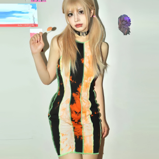 仅一批 牛货 美式复古辣妹性感修身扎染拼色装饰线无袖背心连衣裙