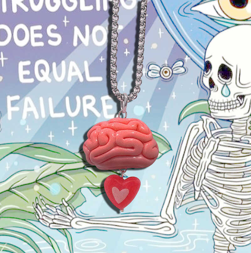 粉色爱心大脑趣味钛钢项链亚文化