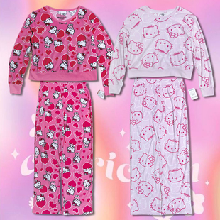 没几套 美单原宿可爱卡通KT猫咪甜美少女珊瑚绒家居服套装女大码