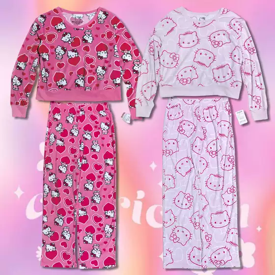 There Are Only a Few Sets of Cute Cartoon Kt Cat-Themed Sweet Girl Coral Fleece Loungewear Sets for Women in Large Sizes