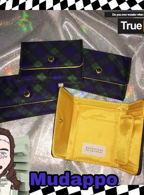 日本祝你钱多多便携式格子撞色滑板三折短款小巧学生钱包男女可用