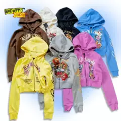 Must-Have! American Vintage Rock Chic Gold Foil & Rhinestone Tiger Head Letter Print Hoodie Zip-Up
