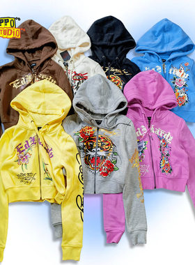 狠货！美国单美式复古摇滚辣妹烫金烫钻虎头字母印花卫衣拉链帽衫