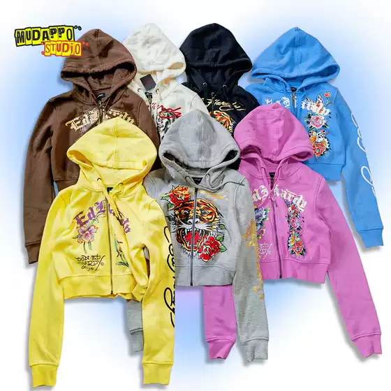 Must-Have! American Vintage Rock Chic Gold Foil & Rhinestone Tiger Head Letter Print Hoodie Zip-Up
