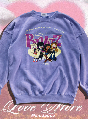 84件 美式复古原宿卡通印花甜酷辣妹Y2K少女做旧加绒紫色宽松卫衣