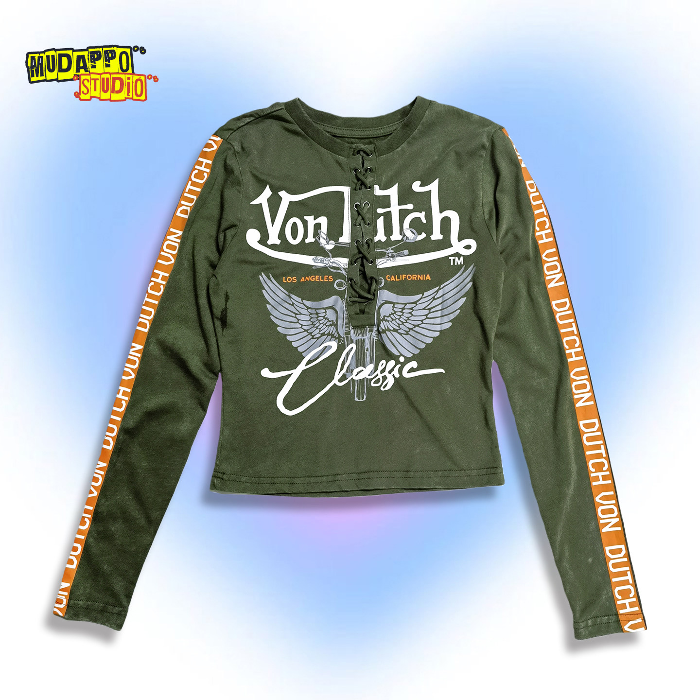 量少 美国单美式复古辣妹绑带镂空印花短款圆领修身长袖T恤上衣