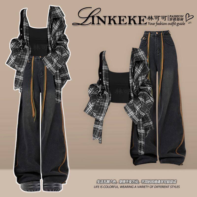 2026春季新款套装一整套时尚格子衬衫搭修身吊带搭配牛仔裤三件套