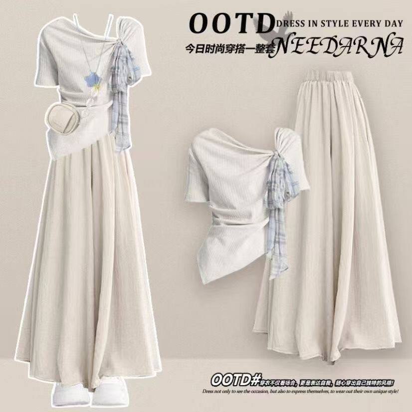 ins风夏季套装设计感小众短袖上衣搭松弛感韩系舒适感裙裤两件套