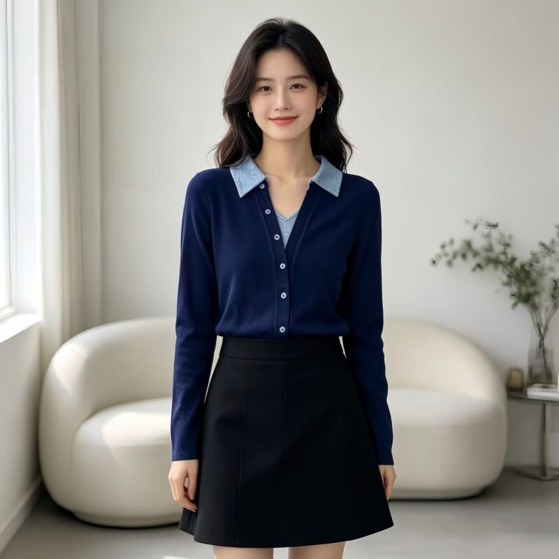 时尚撞色翻领针织毛衣女2025春季新款针织衫女休闲修身减龄上衣女
