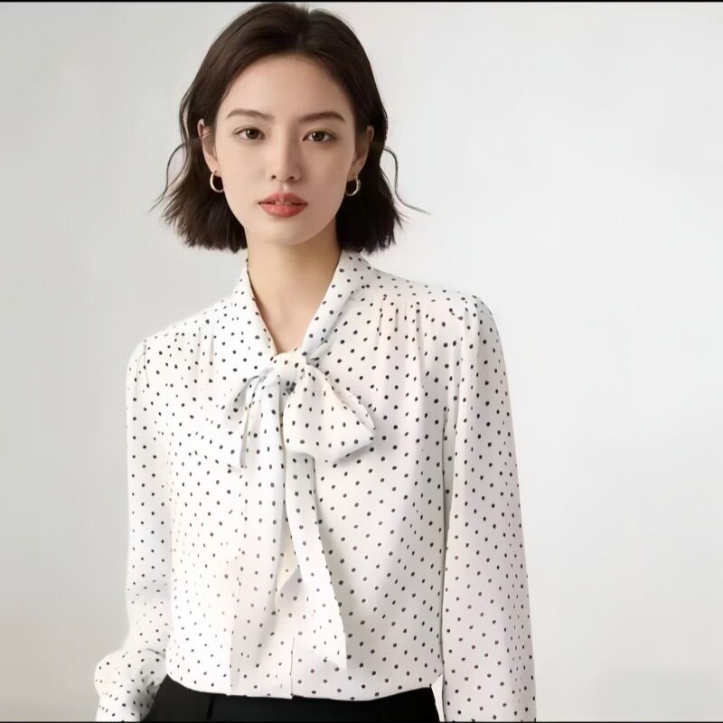 衬衣女新款飘带款波点开衫宽松大码遮肚显瘦百搭时尚长袖气质小衫