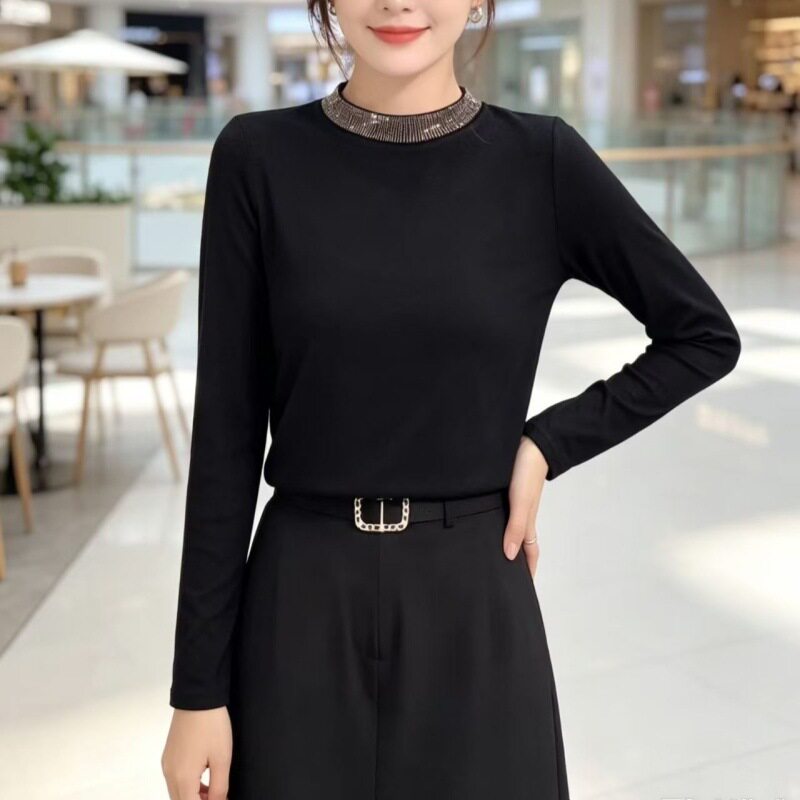 2026时尚打底新款秋冬圆领保暖纯色烫钻蕾丝显瘦百搭长袖女打底衫