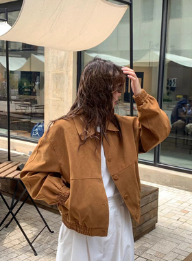 韩版秋上新Slurp简约百搭复古焦糖色麂皮绒翻领夹克时尚短外套女