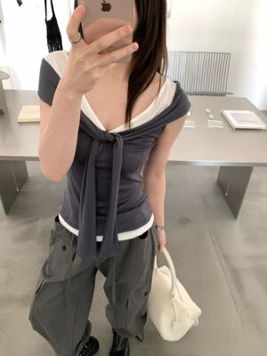 EVE韩系设计感小众气质拼接绑带一字肩假两件露肩短袖T恤女4194