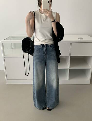 THE MS96013韩系简约百搭复古水洗蓝色高腰显瘦直筒阔腿牛仔裤女