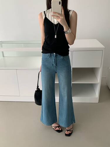 MS98002韩系简约夏季新品小个子穿搭百搭高腰显瘦9分微喇牛仔裤女