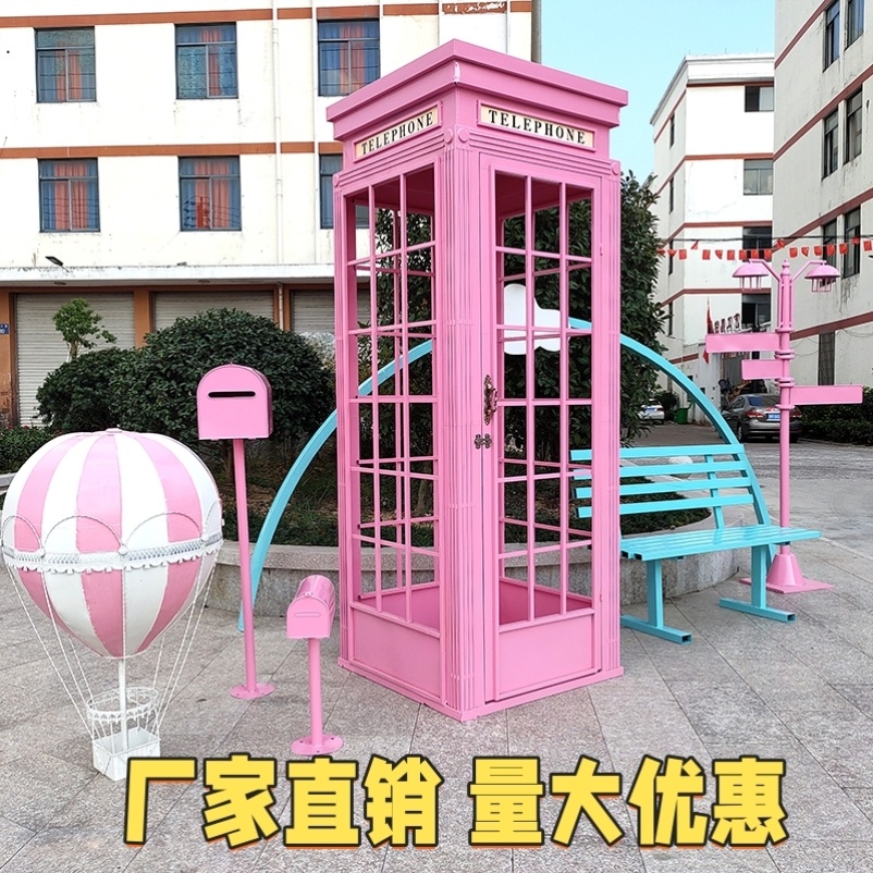 定制欧式复古红色电话亭铁艺摆件英伦工业风创意网红装饰道具模型
