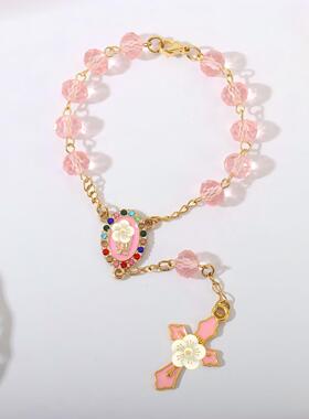 粉色水晶十字架串珠手链串珠