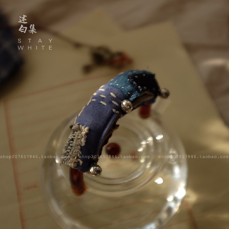 述白集 纯手缝银壶把手布套 蓝染刺绣铜铁壶 提梁茶壶隔热 防烫布