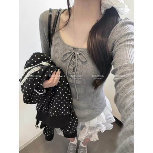 甜桃Milady 针织衫春夏ins芭蕾风韩系带修身显瘦U领内搭外穿上衣