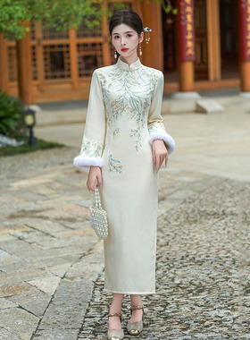 白色加绒加厚冬装国风新中式长袖旗袍改良年轻款女复古收腰秋冬季