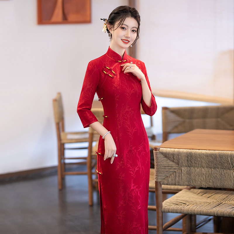 红色国风中式长款秋季长袖旗袍改良年轻款女喜婆婆喜妈妈婚宴礼服