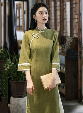 绿色国风新中式奥黛秋季长袖旗袍改良年轻款女复古收腰连衣裙春秋