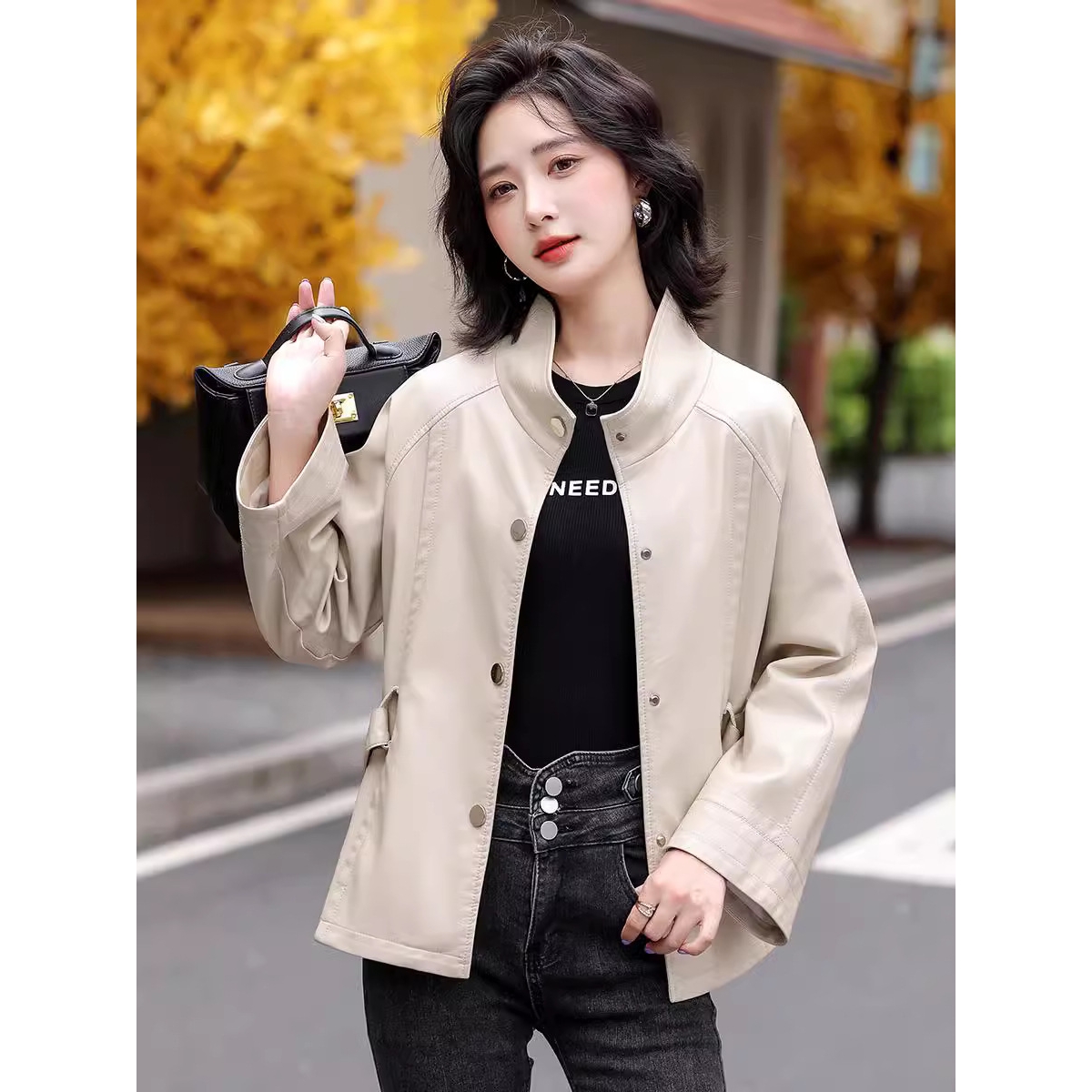 高领斗篷款皮衣女休闲绵羊皮外套百搭洋气秋装新款宽松小个子风衣