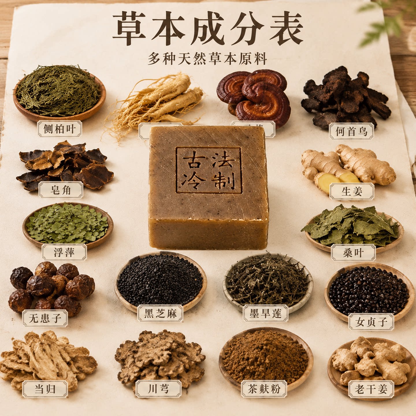 侧柏叶人参灵芝洗发冷制皂
