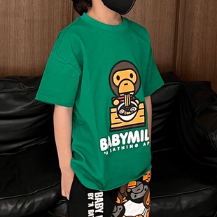 ◆芝麻家◆夏季新款男女儿童潮牌卡通吃拉面猴子纯棉绿色短袖T恤