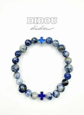 DIDOU手链水星天然石材合钢十字架美式蓝色配饰男女情侣手串