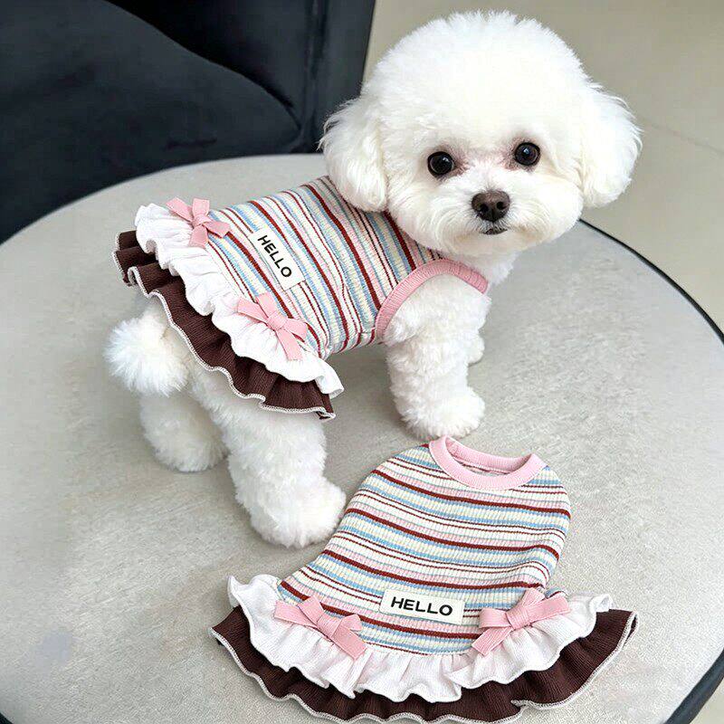 狗狗衣服春夏薄款甜美公主风彩虹条纹花边背心小型犬比熊泰迪猫咪