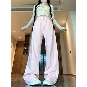 2025春装新款粉色牛仔裤女小众直筒裤设计感高腰阔腿拖地长裤图片