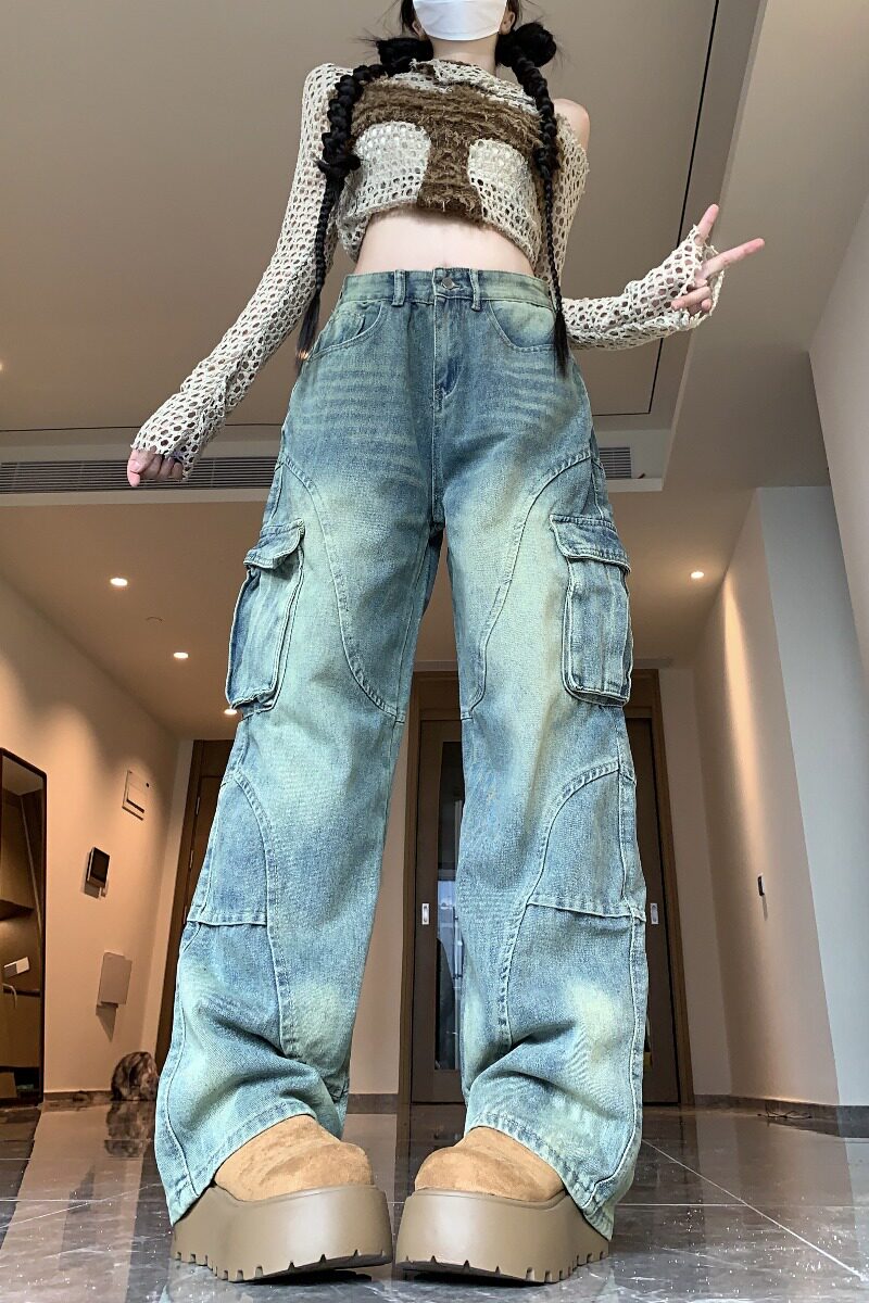 四季水洗复古口袋工装牛仔裤女2025新款直筒牛仔裤街头设计感裤,女装牛仔裤,电商A306A