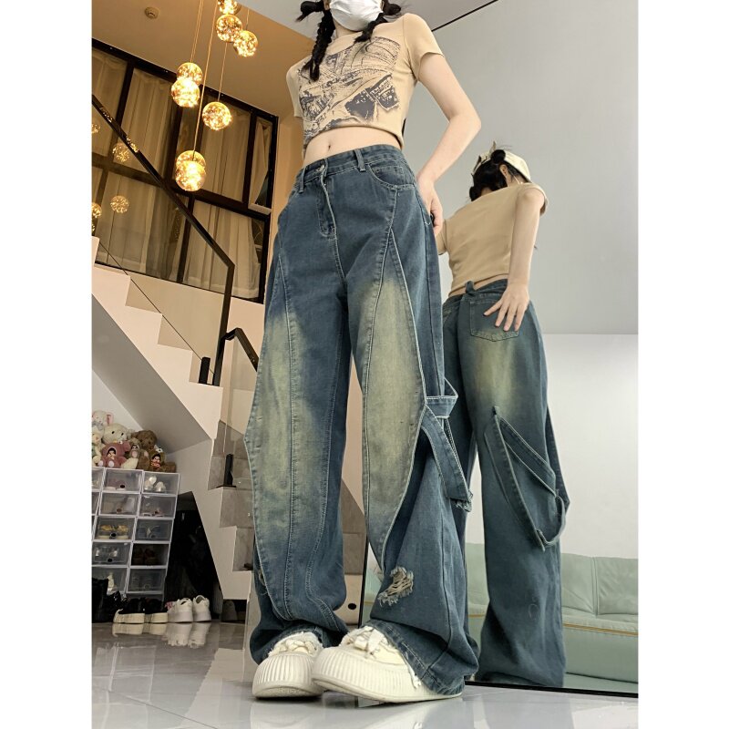 2070-P55复古做旧拼接设计感牛仔裤女阔腿中性美式长裤新款,男装牛仔裤,电商A306A