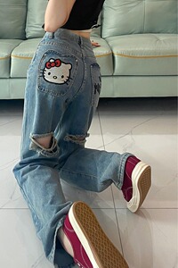 2025新款美式复古潮牌KT猫甜辣刺绣破洞牛仔阔腿裤宽松拖地裤图片