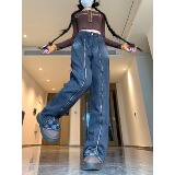 四季款2025美式拉链棋盘格牛仔裤女秋季高街高腰显瘦直筒裤，女装牛仔裤，电商A306A