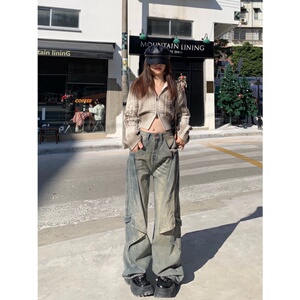 60621-P58 美式高街复古形微喇叭牛仔裤女高腰宽松垂感阔图片