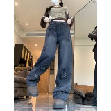 2025四季新款高街星星刺绣牛仔裤女美式vibe做旧复古裤子7847-P53，女装牛仔裤，电商A306A