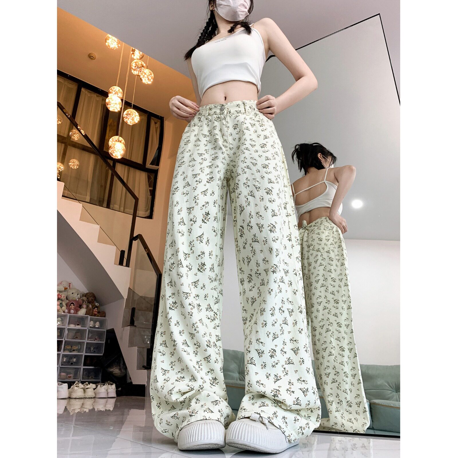 2025春夏美式小清新碎花百搭阔腿裤女新款显瘦直筒长裤女裤,男装牛仔裤,电商A306A