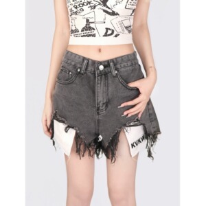 7610-P30设计感镂空黑灰色辣妹破坏水洗牛仔短裤热裤女潮