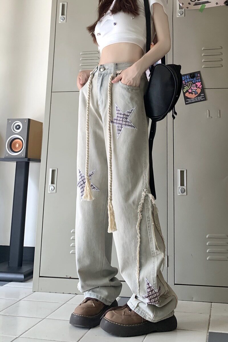 6044-P42特小众设计感星星美式街头牛仔裤女潮高街复古直筒裤,男装牛仔裤,电商A306A