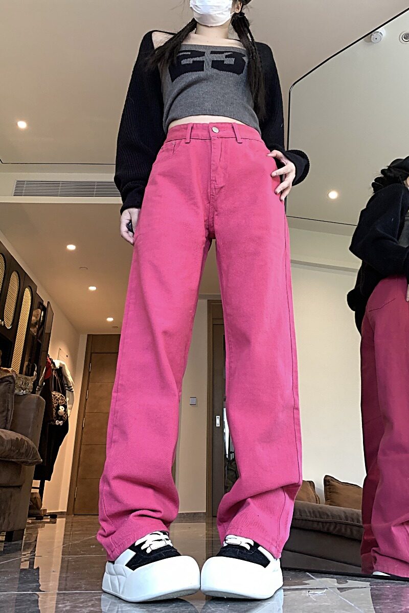 2025春季玫红色裤子高街潮玫红色牛仔裤女简约直筒裤子潮,女装牛仔裤,电商A306A