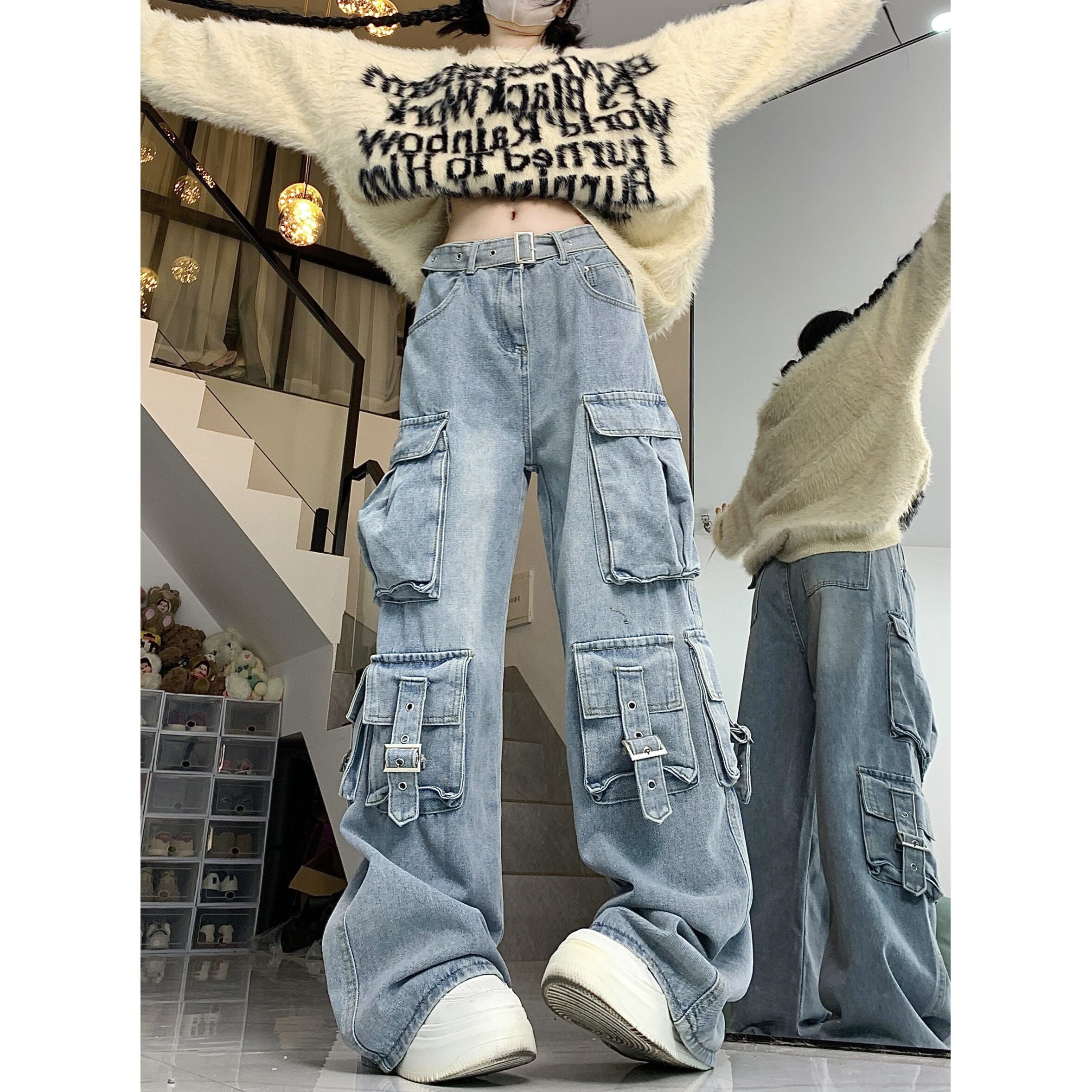四季2025美式街头vibe工装牛仔裤女设计感多口袋高腰宽松拖地裤图片
