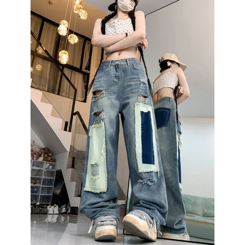7899-P55破洞小众设计感撞色破坏贴布直筒牛仔裤女宽松街头,男装牛仔裤,电商A306A