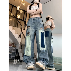 7899-P55 破洞小众设计感撞色破坏贴布直筒牛仔裤女宽松街头图片