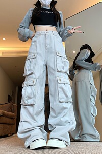 2028-P63 多口袋牛仔裤女复古辣妹宽松显瘦阔腿裤工装裤图片